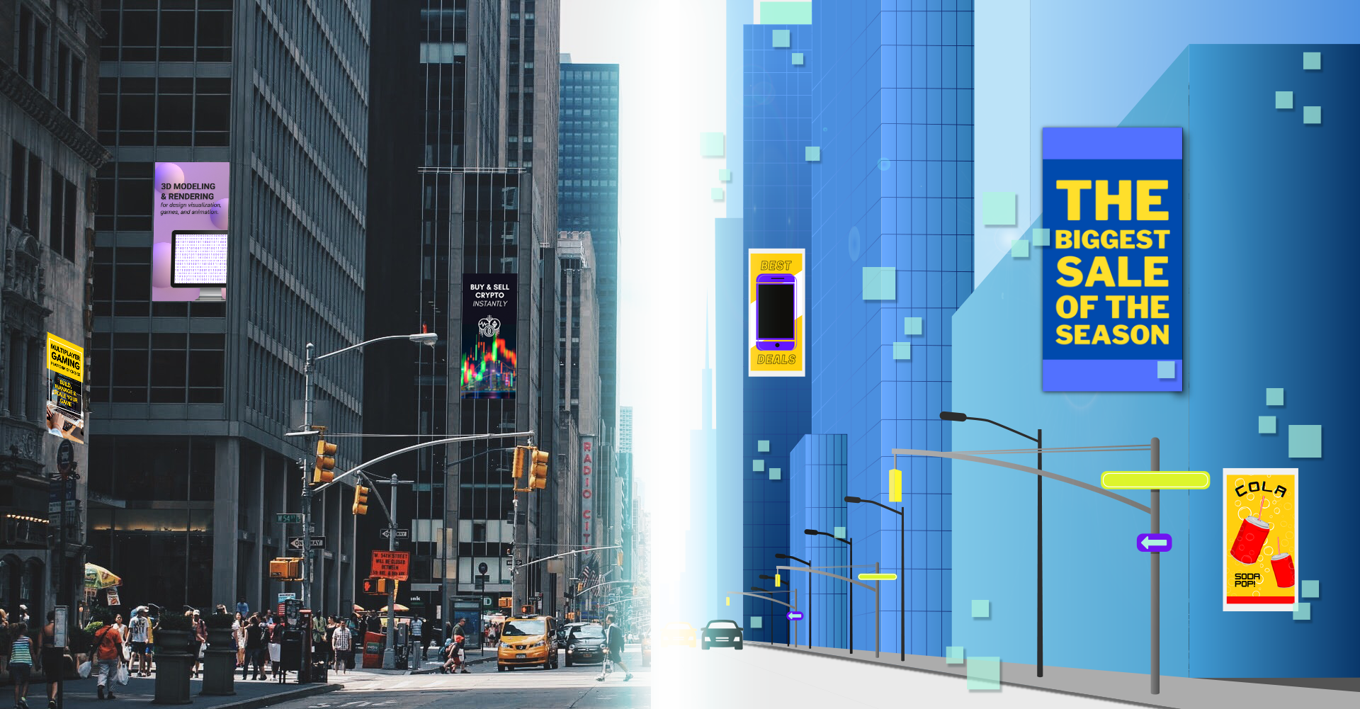 Creative outdoor advertising campaign featuring vibrant visuals in a cityscape | Meta OOH